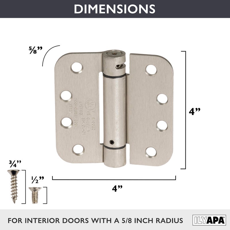 Ilyapa Self Closing Door Hinges, 2 Pack, Self Close, Satin Nickel Mortise Spring Hinge - 4 x 4 Inch for Doors with 5/8" Radius Corners - Image 2
